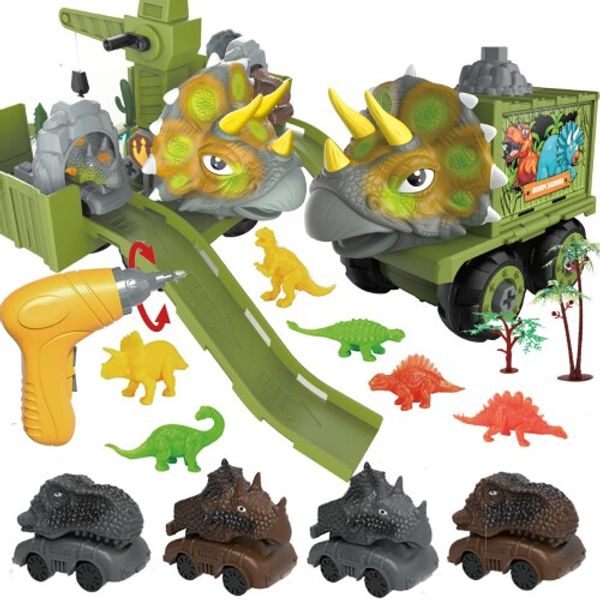 AMYCOOL Dinosaur Toy Car Toy DIY Car Assembly Educational Toy Truck Set Crane Truck Crawler Crane Transformable Car Dinosaur Toy Tyrannosaurus with Vehicle Boys Birthday Gift