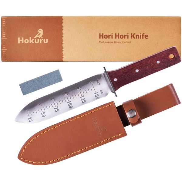 HOKURU Hori Hori Knife - Landscaping, Digging, Weeding, Cutting, Planting Gardening Tool With Leather Sheath, Stainless Steel Blade and Sharpening Stone