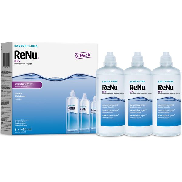 ReNu Multi-Purpose Contact Lens Solution 3 x 240ml - Soft Contact Lenses for Comfortable Wear - Gentle on Sensitive Eyes - Clean, Disinfect, Rinse, Lubricate and Store your Lens - Lens Case Included