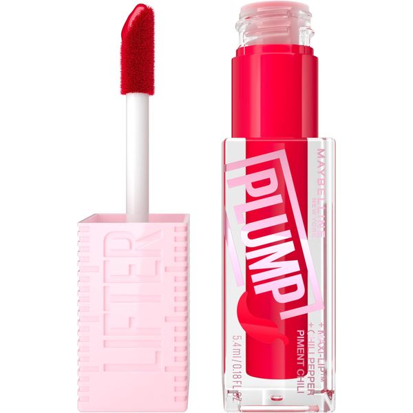 Maybelline New York, Lifter Plump Lip Gloss, Lasting Plump, Heated Formula with Hyaluronic Acid and Chilli Pepper, XL Wand, Vegan Formula, Shade: 004 Red Flag