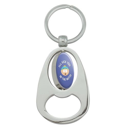 South Park Cartman Kick You in the Nuts Keychain Chrome Metal Spinning Oval Bottle Opener