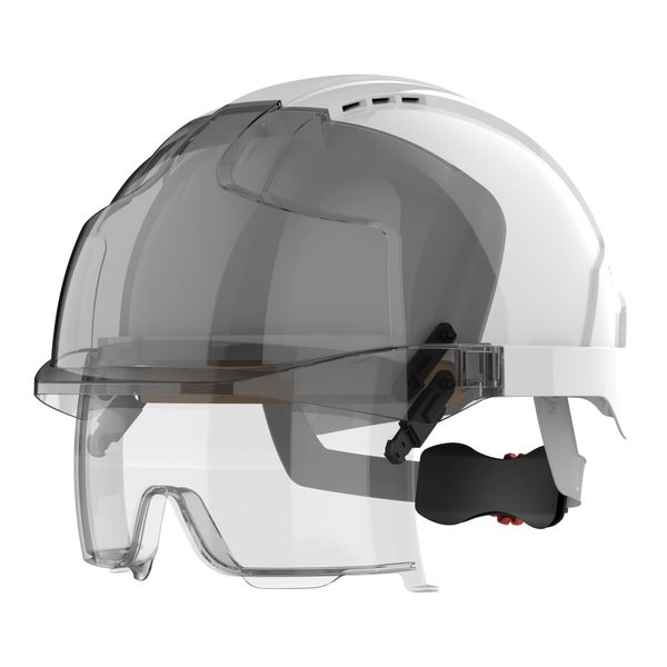 JSP EVOVISTAlens EN 397 Safety Helmet with Integrated B-rated Impact Protection Safety Eyewear Vented, White/Smoke (AMB170-005-F00)