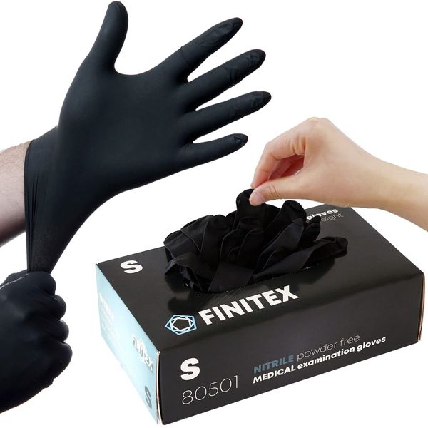 FINITEX - Black Nitrile Disposable Gloves, 5mil, Powder-free, Medical Exam Gloves Latex-Free 100 PCS For Examination Home Cleaning Food Gloves (Small)