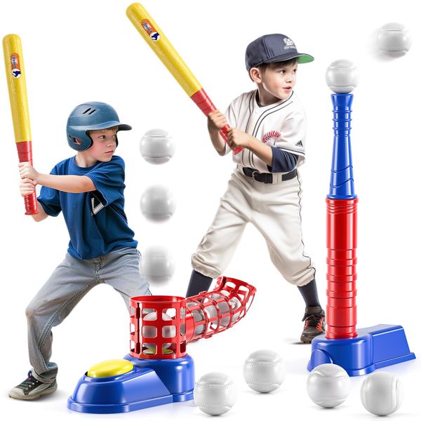 NIPLOOOW 2 in 1 T Ball Sets for Kids 3-5,Tee Ball Set with 10 Balls,Step on Pitching Machine,Teeball Batting Tee,Baseball Toys Outdoor/Indoor Sport Toys Gift for 3 4 5 6 7 8 Year Old Kids Boys Girls