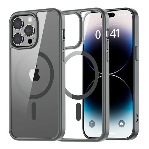 SUPFINE Magnetic for iPhone 14 Pro Max case, [Compatible with MagSafe][Clear Hard Back with Soft TPU Bumper][12FT Military Grade Drop Protection] Shockproof Phone Case,Clear Gray