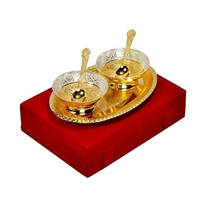 Silver & Gold Plated Brass Bowl Set 5 Pcs. (Bowls 4" Diameter & Tray 10" x 8") IND