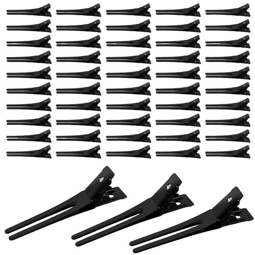 Pack of 50 Prong Pin Hair Clips, Hairdresser Double Prong Curl Clips, Metal Alligator Clips, for Hair Extensions, Curly Hair Production, DIY Hair Accessories (Black)