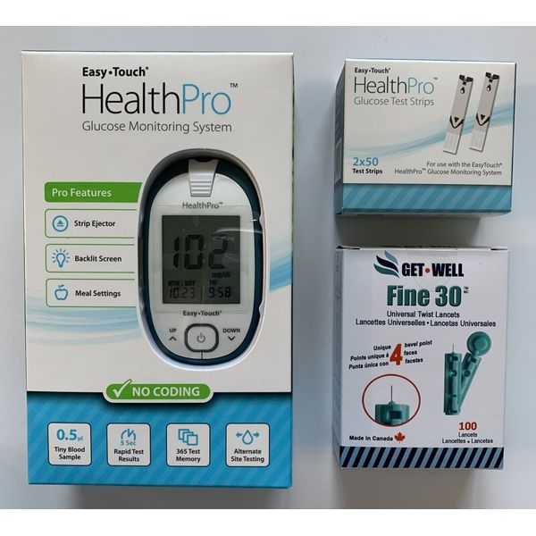 HealthPro Meter, Lancing Device, Case, 50 Test Strip, 100 Get•Well 30g Lancets