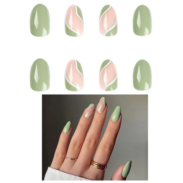 Kaichen French Press On Nails Almond, Green/White Press On Nails Medium, Includes 24 Nails, 24 Adhesive Tabs, 1 Manicure Stick, 1 Mini File