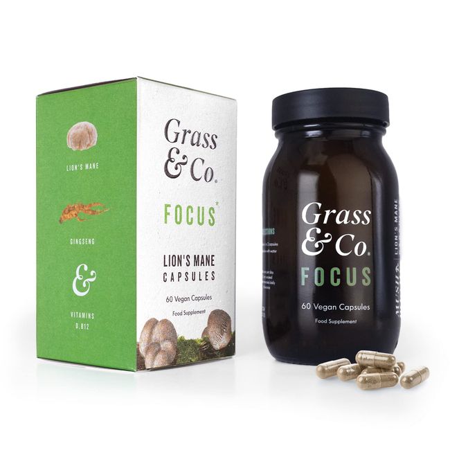 Grass & Co. Focus - Organic Lion's Mane Mushroom Extract with Ginseng & Omega-3 | Memory & Focus Supplement | Non-GMO, Gluten-Free, Cruelty-Free & Additive Free | 60 Vegan Capsules | 30 Day Supply