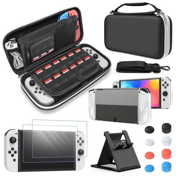 FYOUNG Carry Case for Nintendo Switch OLED and Protector Accessories Bundle, Travel Carrying Case Bundle with Switch OLED Protective Case, Screen Protector, Thumb Grip Covers Accessories Kit - Black