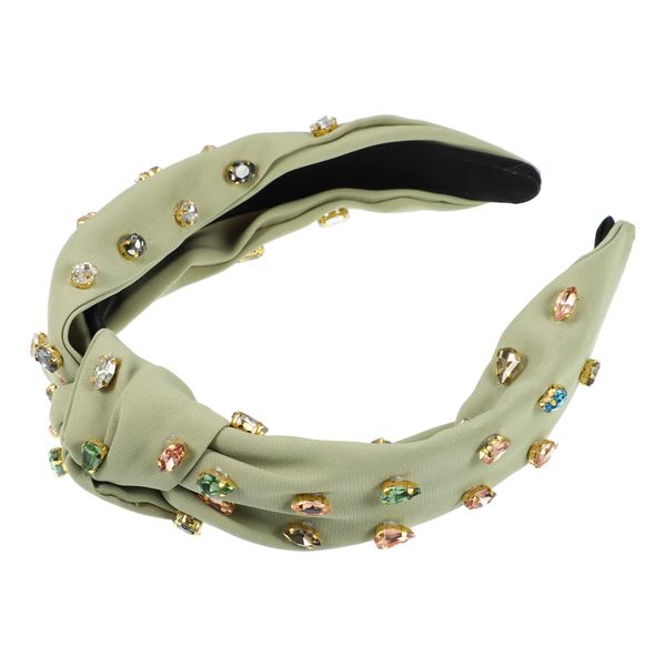 VOCOSTE Headband Knotted Fashion Pleated Headband Full of Diamonds Women Versatile Outerwear Hair Accessories Olive Green 1pc