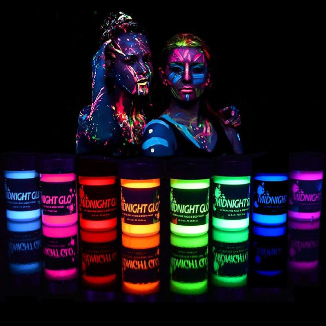 Midnight Glo Black Light Face and Body Paint (Set of 8 Bottles 0.75 oz. Each) - Neon Fluorescent Paint Safe On Skin, Washable, Non-Toxic