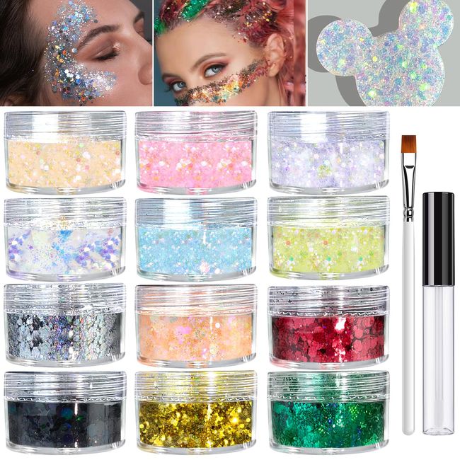 12 Colors Holographic Chunky Glitter for Face Body Nail - Rainbow Chunky Glitter for Makeup Fine Glitter Eyeshadow, Craft Glitter for Resin Halloween Musical Festival & Nail Art