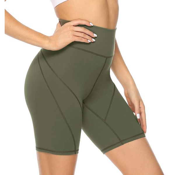 JOYSPELS Womens High Waisted Gym Shorts - Workout Running Sports Shorts Yoga Cycling Shorts for Womens with Pockets- ArmyGreen - S