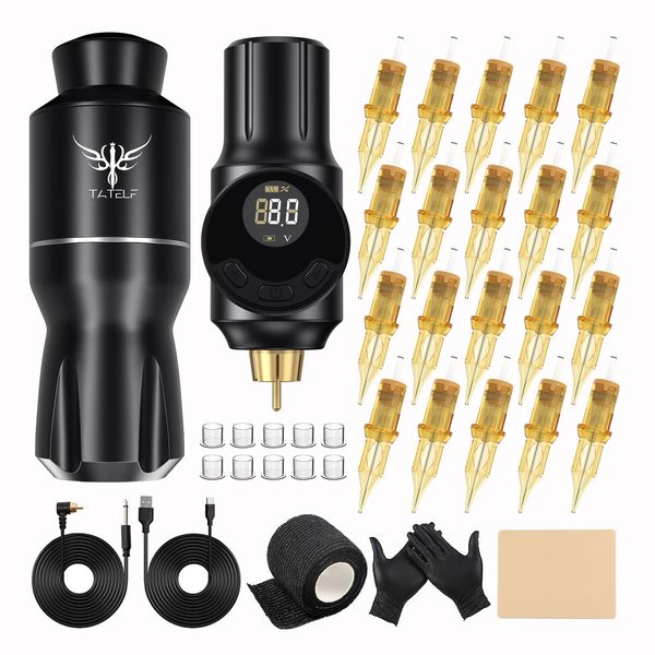 TATELF Tattoo Kit Wireless Rotary Tattoo Machine with Wireless Tattoo Power Supply 20pcs Tattoo Cartridge Needles