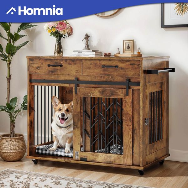 39" Dog Crate Home Furniture Wooden Indoor Pet Kennel Rustic End Table Wheels