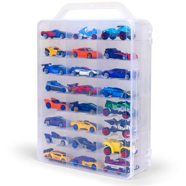 Darice Toy Car Storage Case For 48 Cars - Portable Organizer for Hot Wheels, Matchbox Cars - Double Sided, Clear Mini Toy Case With Easy-Carry Handle Cars Storage Box