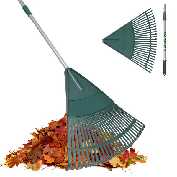 ORIENTOOLS Garden Leaf Rake, Garden Rake with Adjustable Extendable Steel Tube 43 to 66 Inches, Lightweight Yard Rake, with 26 Tines, Rakes for Leaves Lawns Yard Shrub