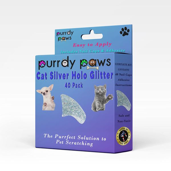 Purrdy Paws 40 Pack Soft Nail Caps for Cat Claws Silver Holographic Glitter Small