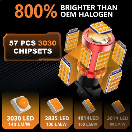 Afibraru 9-80V 3157 LED Bulb Turn Signal Lights, 3030 57-SMD with HD Projector, Fit for 12-24V Cars & Trucks, 3156 T25 LED Bulb for Blinker Light, Amber Yellow, Pack of 2