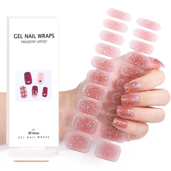 Semi Cured Nail Wraps - Soft Self-Adhesive Gel Nail Stickers - Glitter Brown Semi Cured Gel Nails Strips - Gel Nail Polish Strips Manicure Stickers Set UV/LED Lamp Required