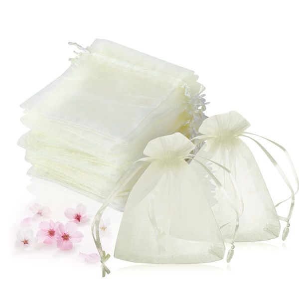 Magicfour Organza Drawstring Bags, 50 Pieces, Wrapping Bags, Small Presents, Gift Bags, Solid, Transparent, Stylish, Sachet, Potpourri Bag, Petite Gift, Snacks, Divided Bag, Birthday, Wedding, Christmas, Halloween (Ivory)