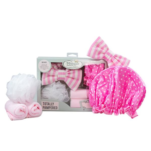 The Vintage Cosmetic Company Totally Pampered Kit, Collection Includes Make Up Headband Body Polisher Shower Cap and Make Up Removing Cloths, Relax and Pamper Gift Set, Pink Design