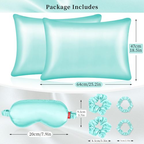 my novel things Satin Pillowcase Gift Set with Silk Satin Sleep Mask 4 Scrunchies, 2Pack Standard Size Silky Pillow Cases Luxury Sleeping 7 Pieces Set for Women Wife Female Men Birthday Gift Blue