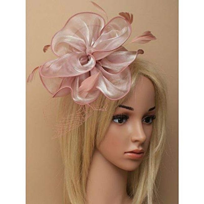 Pink Chiffon fabric flower & feathers fascinator on aliceband Wedding Races