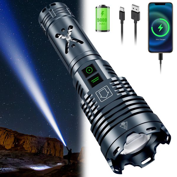 Rechargeable LED Flashlights 2500000 High Lumens,High Powered Flashlight Super Bright,Handheld Tactical Flashlight With Waterproof, 6 Modes, Zoomable, Powerful Flashlights for Camping Home Emergencies