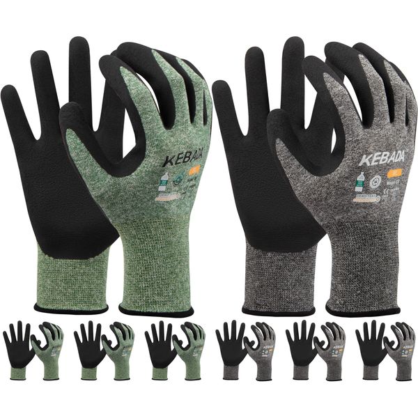 Kebada Gardening Gloves for Men, 6 Pairs Breathable Garden Gloves, Foam Latex Coated, Stretchable Knitting General Duty Work Gloves, Made from Recycled PET Bottles,Green & Gray, Large