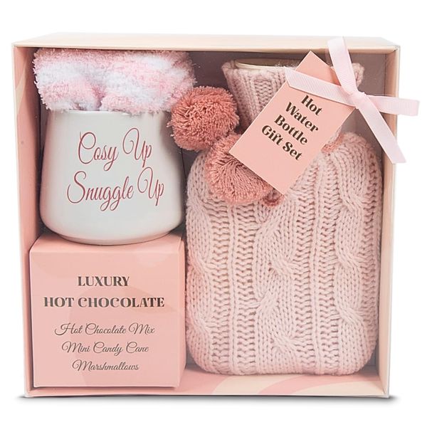 Hot Chocolate Gift Set with Mug | Small Hot Water Bottle with Cover | Fluffy Socks | Cosy Pink Ribbon Balls | Christmas Gifts for Women Her | Novelty Girls Ladies Xmas House Couple Home Mum Auntie (1)