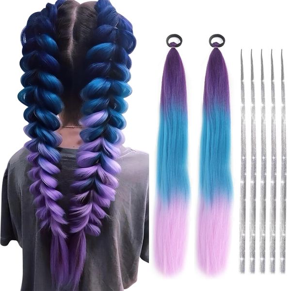 Colorful Pre Stretched Braiding Hair Silver Hair Tinsel Set - 26 Inch 2 Packs Gradient Braiding Hair Ponytail Extensions Synthetic, 24Inch 5Pcs Glitter Stands Sparkle Fairy Hair (Purple Blue Pink)