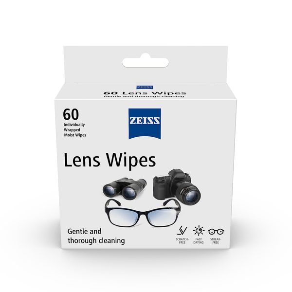 ZEISS Lens Cleaning Wipes, Pre-Moistened, Individually Wrapped Wipes for Coated Glass on Binoculars, Glasses, Sunglasses, Camera Lenses, and Scopes, 60 Count