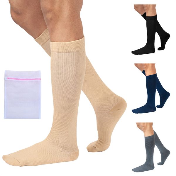 360 RELIEF - Flight Compression Socks Supports | Blood Circulation, Travel, Work, Edema, Diabetic, Varicose Veins, Pregnancy for Nurses | L/XL, Beige with Mesh Laundry Bag |