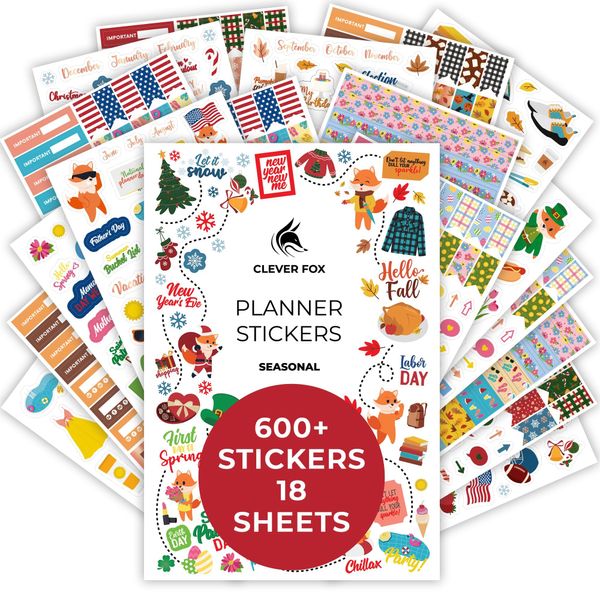 Clever Fox Seasonal Planner Stickers – 600+ Month, Holiday & Seasons Stickers for Your Planner, Monthly Journal & Calendar – 18 Sheets, Set of Stickers & Washi Tape by Clever Fox (Seasonal Pack)