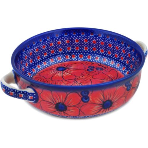 Authentic Polish Pottery Round Baker with Handles Signature UNIKAT in Red Hot Summer Design Handmade in Bolesławiec Poland + Certificate of Authenticity