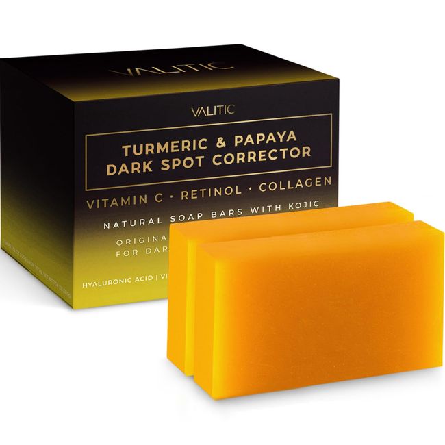 VALITIC Turmeric & Papaya Soap Bar - Dark Spot Corrector - Original Japanese Complex - Vitamin C, Retinol & Collagen - Hyaluronic Acid, Vitamin E, Shea Butter & Castile Olive Oil - 2 Pack