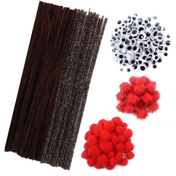 TOAOB 500pcs Pipe Cleaners Crafts Supplies Set includes 100pcs Chenille Stems 250pcs Red Pom Poms 150pcs Assorted Size Wiggle Googly Eyes for Craft DIY Art Supplies