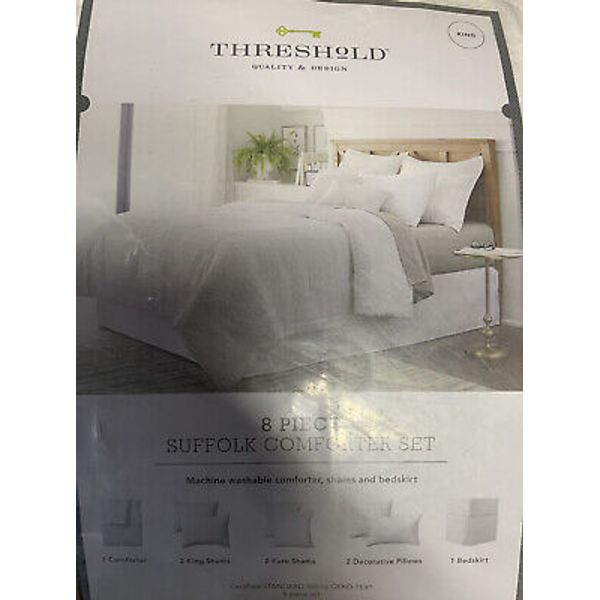 ✅ THRESHOLD SUFFOLK COMFORTER SET, 8 Pice Set, KING, WHITE