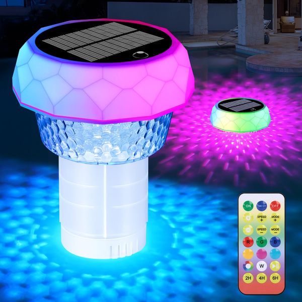 Solar Pool Chlorine Floater with Colorful Lights, Chlorine Floater with Remote Control, Floating Pool Chlorine Dispenser, Adjustable Release & Anti-Sinking, Chlorine Floater for Hot Tub, Spa