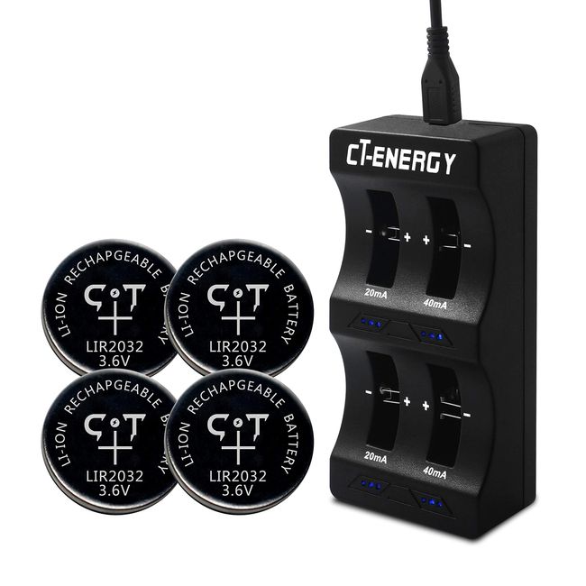 CT-ENERGY Lithium Ion 2032 Battery Charger for Coin Cell Rechargeable Batteries LIR2032 4pcs Replace CR2032 Battery