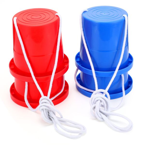 Meooeck 2 Pairs Walking Stilts Balancing Bucket Stilts Cup Thickened Plastic Stilts with Adjustable Rope for Kid Balance Coordination Christmas Party Game Birthday Playground(Red, Blue)