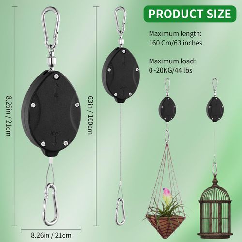2 Pack Heavy Duty Retractable Plant Hangers Adjustable Pulleys with 63" Pull-Down Design Stainless Steel Rope Double-Headed Hooks for Hanging Baskets Bird Feeders Planters and Pots Supports up to 45lb
