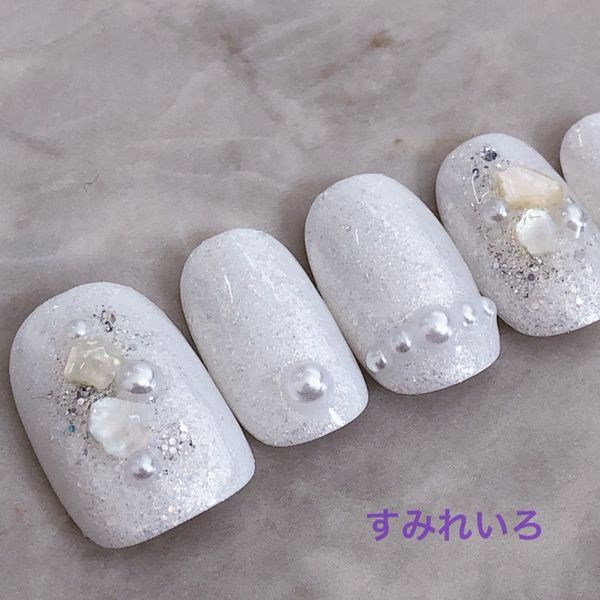 Nail tip false nails bridal cute short long solid white spring nails nail present short nails small nails large nails berry short chibi nails white wedding nails false nails crushed shell style gel nails [1626] white diamond glitter shell pearl b/f