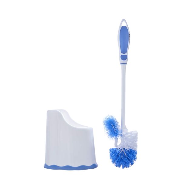 Superio Toilet Brush and Holder,Toilet Bowl Cleaning System with Scrubbing Wand, Under Rim Lip Brush and Storage Caddy for Bathroom, White and Blue