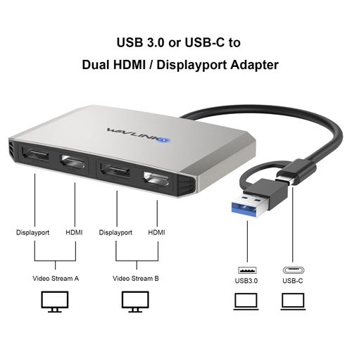 WAVLINK USB C and USB3.0 to Dual 4K DisplayPort & HDMI Adapter, Displaylink Dual 4K@60Hz Monitor Hub, Compatible with M1/M2 MacBook, HP, Dell, Lenovo,Surface-Silver
