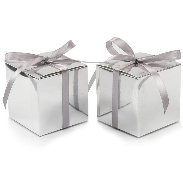 COTOPHER 100pcs Small Gift Boxes, Favor Boxes 2x2x2 inches Paper Gift Boxes with Ribbons Candy Box for Wedding Favors Baby Shower Bridal Shower Birthday Party (100 Metallic Silver)