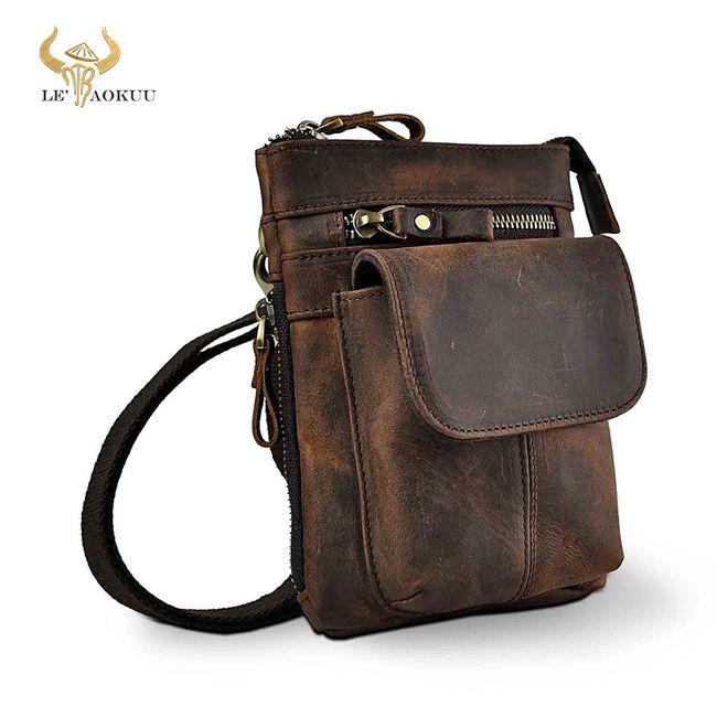 Brown Mens Leather Small Belt Pouch Mens Waist Bag Side Bag Mini